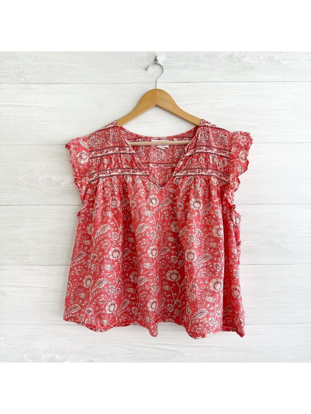 Velvet Graham Spencer Women XL Coral Floral Cotton Boho Flutter Sleeve Blouse